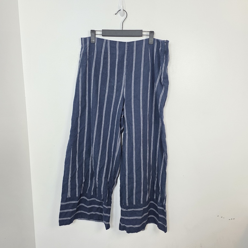 Roxy Blue White Striped Tell Me Ok High Waist Linen Wide Leg Cropped Pants XL - Picture 3 of 11